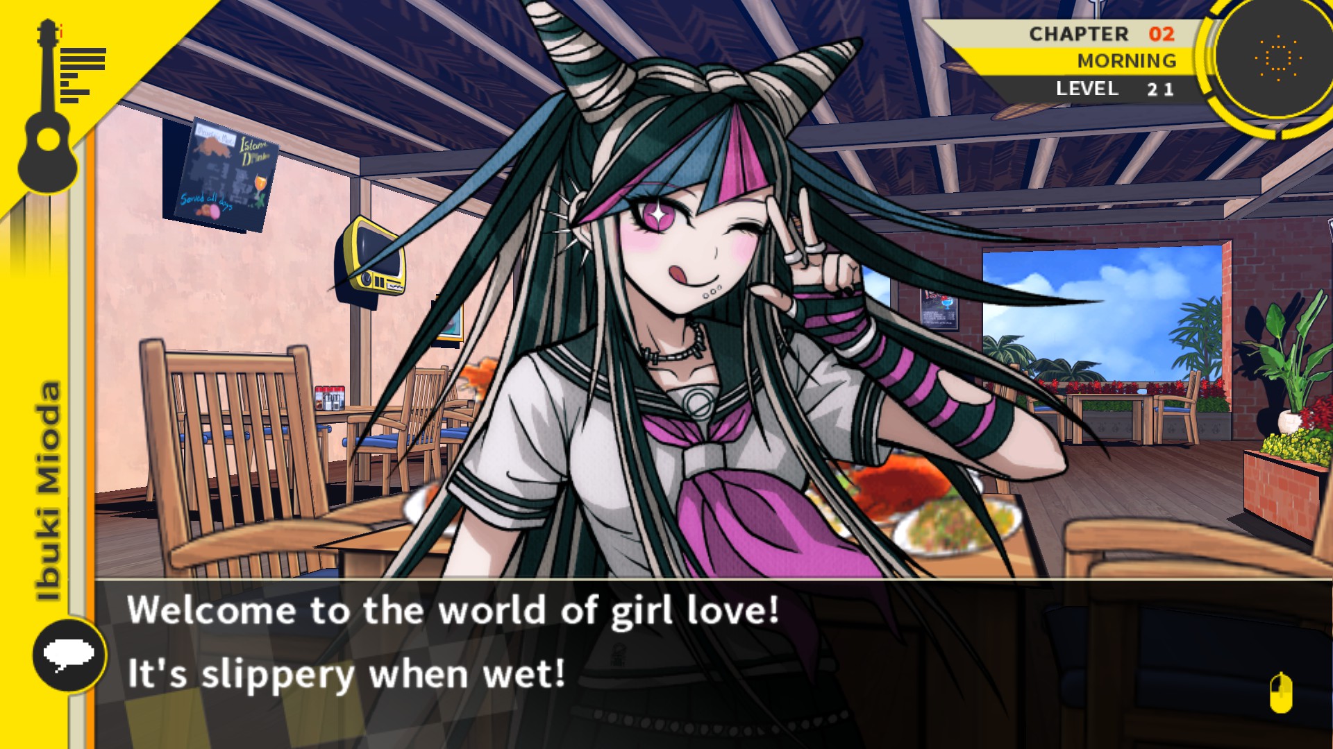 A feminine character with multicoloured hair called 'Ibuki Mioda' is winking to the camera. The dialogue box below her says 'Welcome to the world of girl love! It's slippery when wet!'