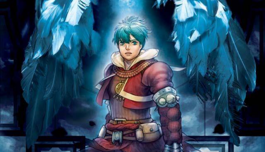 A gender ambiguous character stands in armour surrounded by feathered wings.