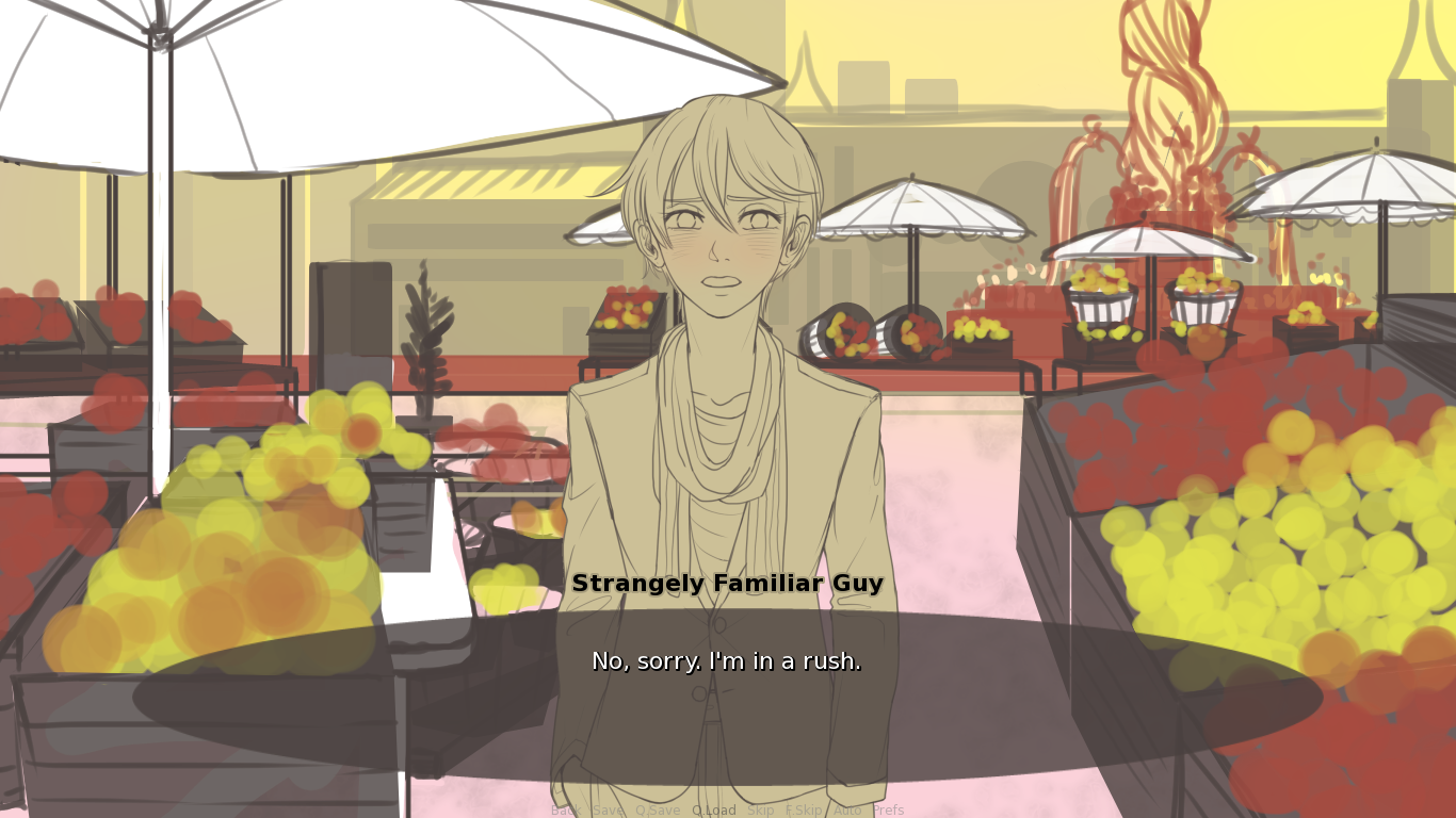 A gender ambiguous figure stands in a market. A text overlay reads, 'Strangely familiar guy: No, sorry. I'm in a rush.'