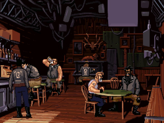 Six masculine figures in biker jackets sit around tables in a bar.
