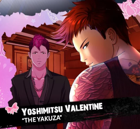 Two gender ambiguous figures with tattoos and unnaturally coloured short hair are behind a text overlay, which reads, 'Yoshimitsu Valentine, The Yakuza'.