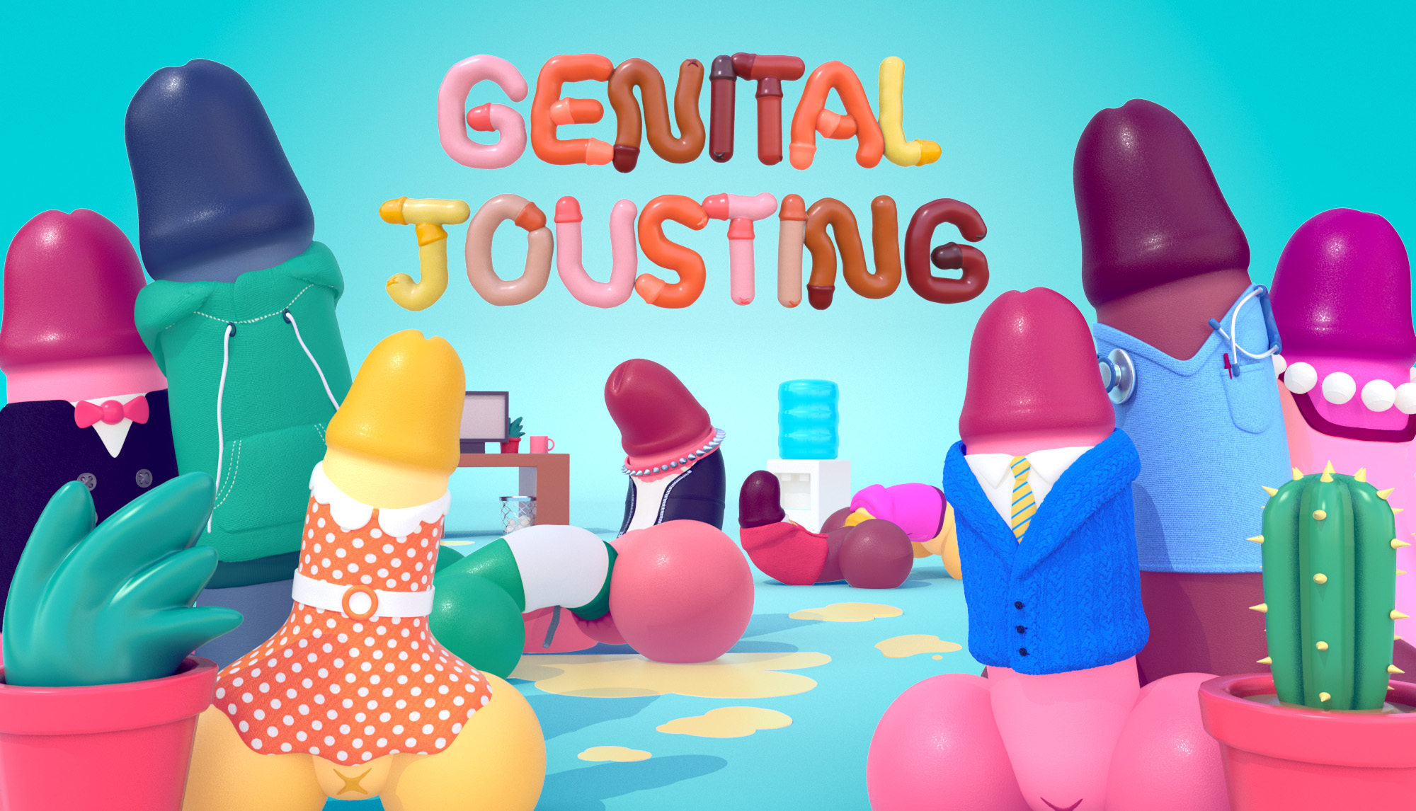 Several bright coloured penises in dresses, suits, and hoodies stand beneath the game title.