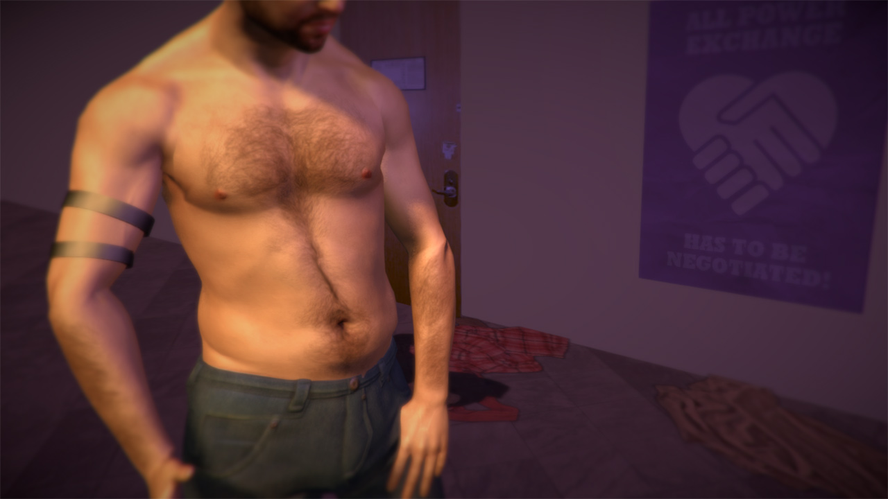 A shirtless masc appearing person wearing two black armbands standing in a bedroom.