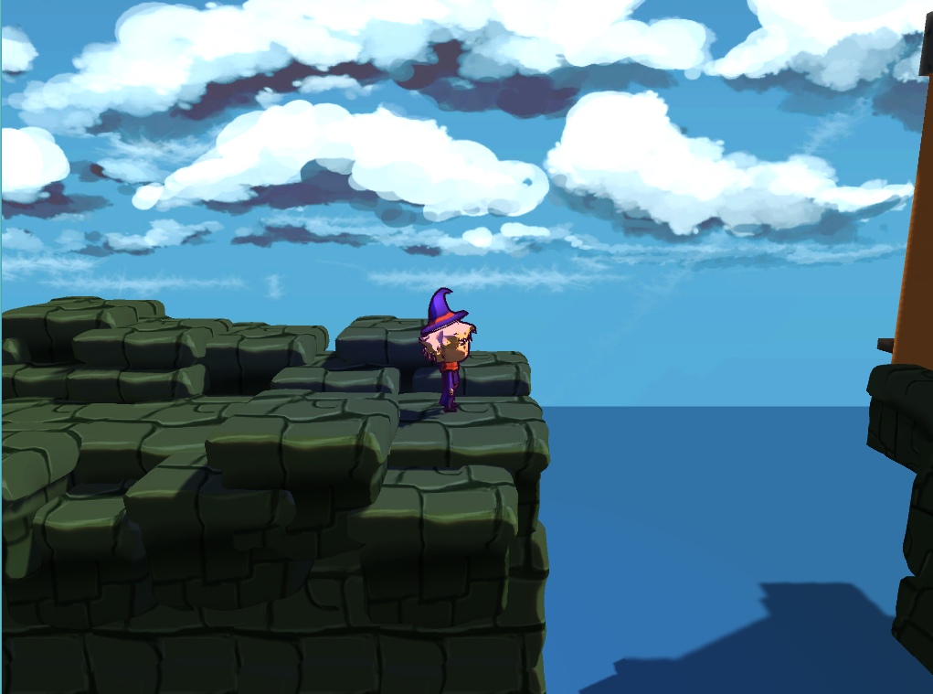 A gender ambiguous person wearing a pointed hat standing on the edge of a cliff near some water.