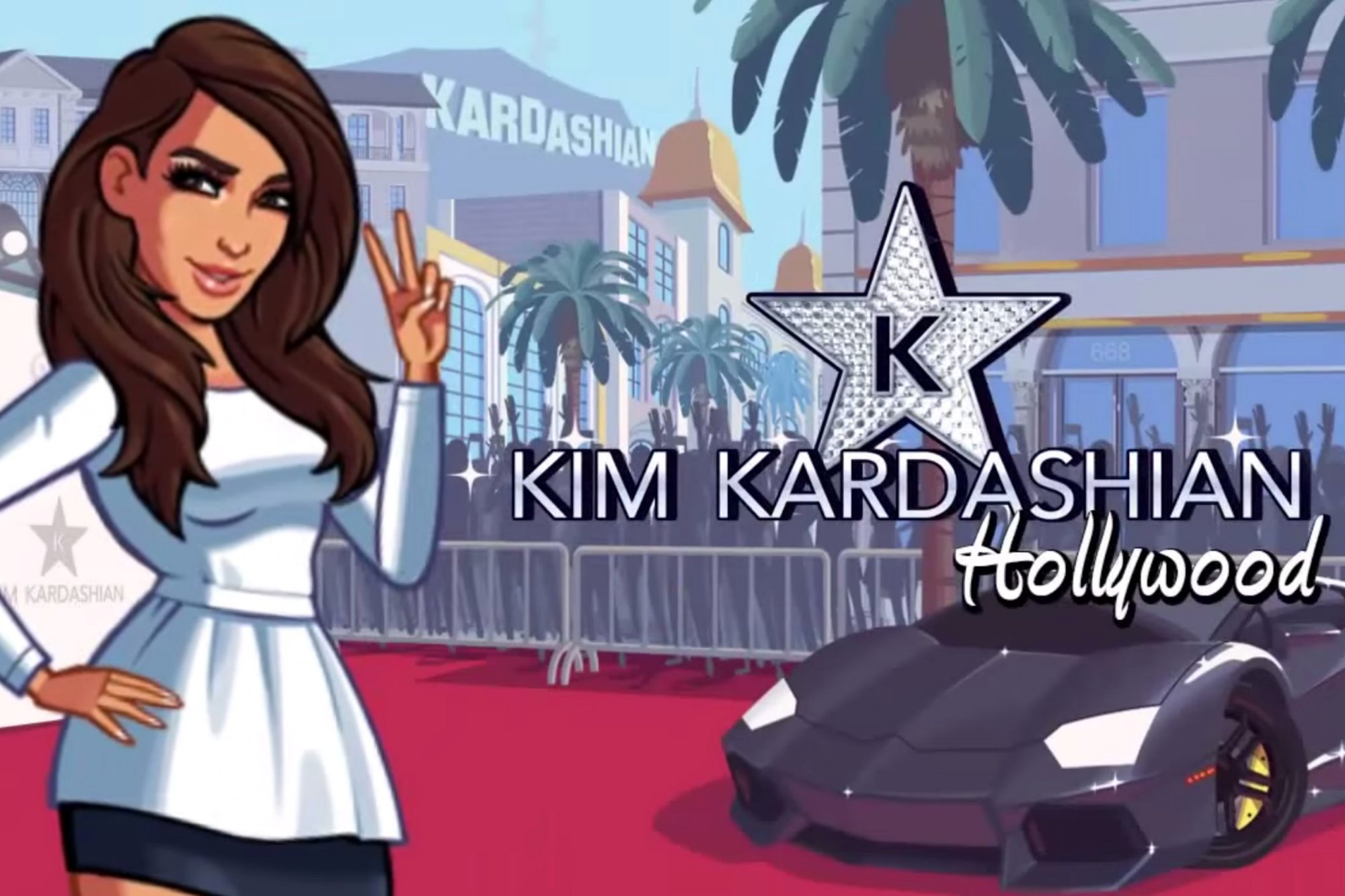 A femme looking person making a peace sign on a red carpet near a luxury car. A crowd of people stand behind a barrier. Text reads 'Kim Kardashian Hollywood'. There is a sparkling star with the letter K on it.