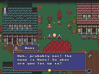 A masc looking person standing in front of a scarecrow in a village, with several other people. Dialogue reads 'Heh, probably not! The name is Hans. What are you lot up to?'