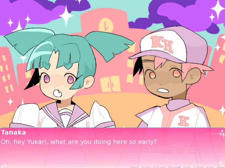 A femme looking person and a masc looking person wearing sports uniforms standing in front of a building. Dialogue reads 'Oh hey Yukari, what are you doing here so early?'.