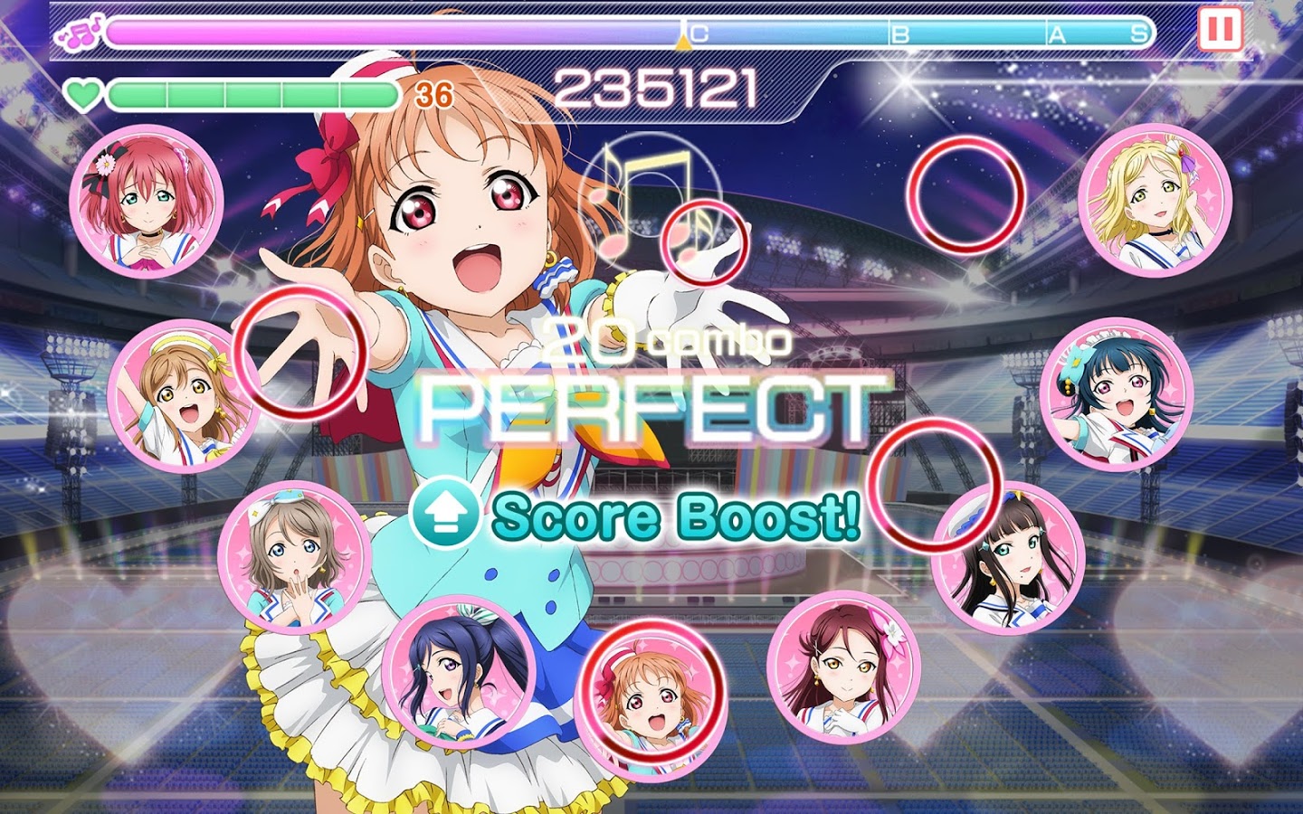 A joyful femme looking person with arms outstretched. Two score bars at the top of screen. Multiple femme looking faces in circles are spread out over the screen. Text reads 'Perfect!'.