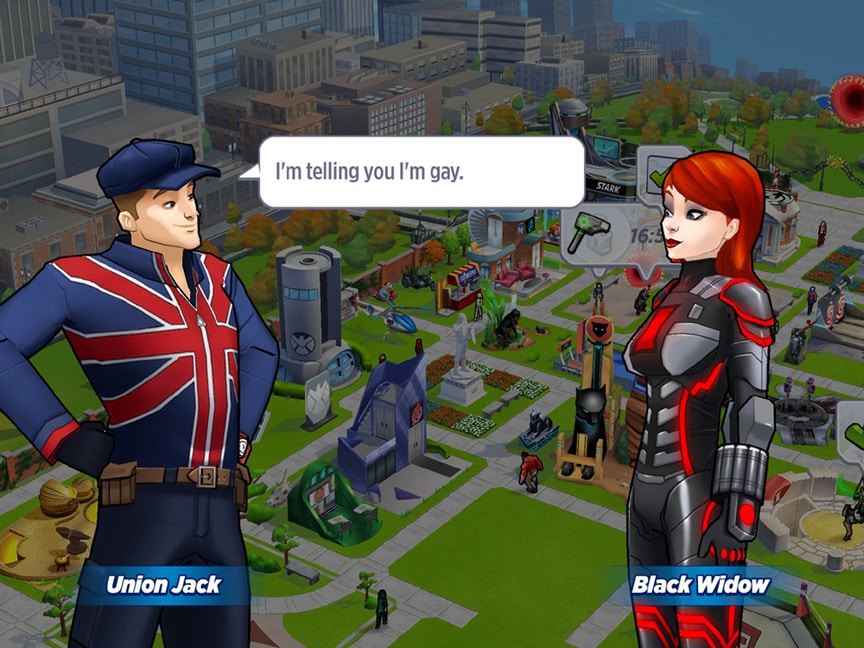 A masc looking person and a femme looking person talking with a city in the background. Dialogue reads 'I'm telling you I'm gay'.