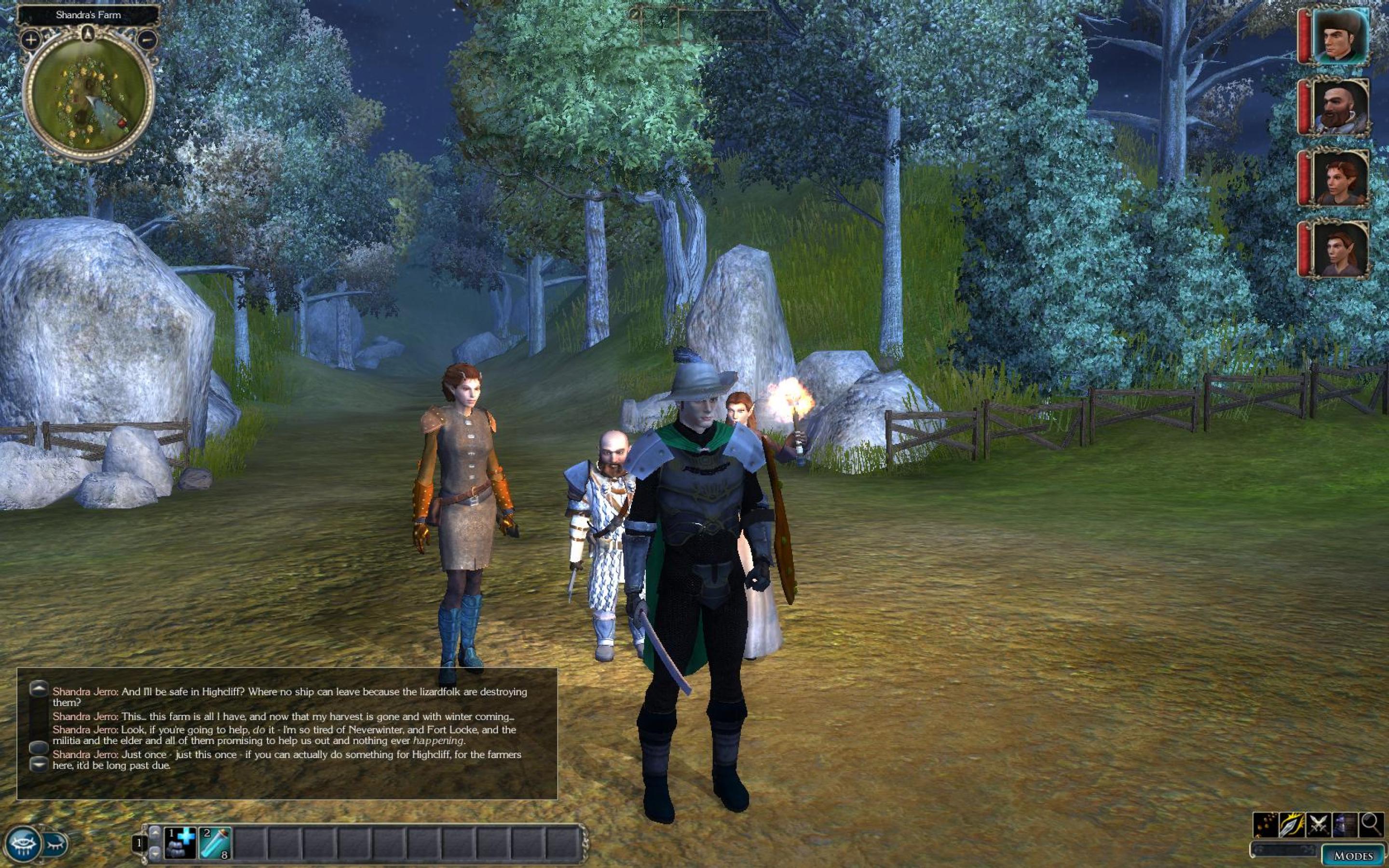 A gender ambiguous person holding a sword stands in front of three other people at the entrance to a dark forest.