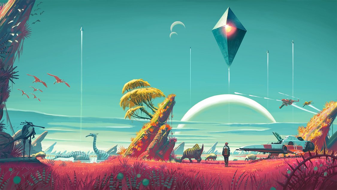 Oddly coloured landscape with trees, rocks and grass. Unusual reptilian and bird creatures. A person stands next to a spaceship, with more ships and a giant diamond-shaped object in the sky.