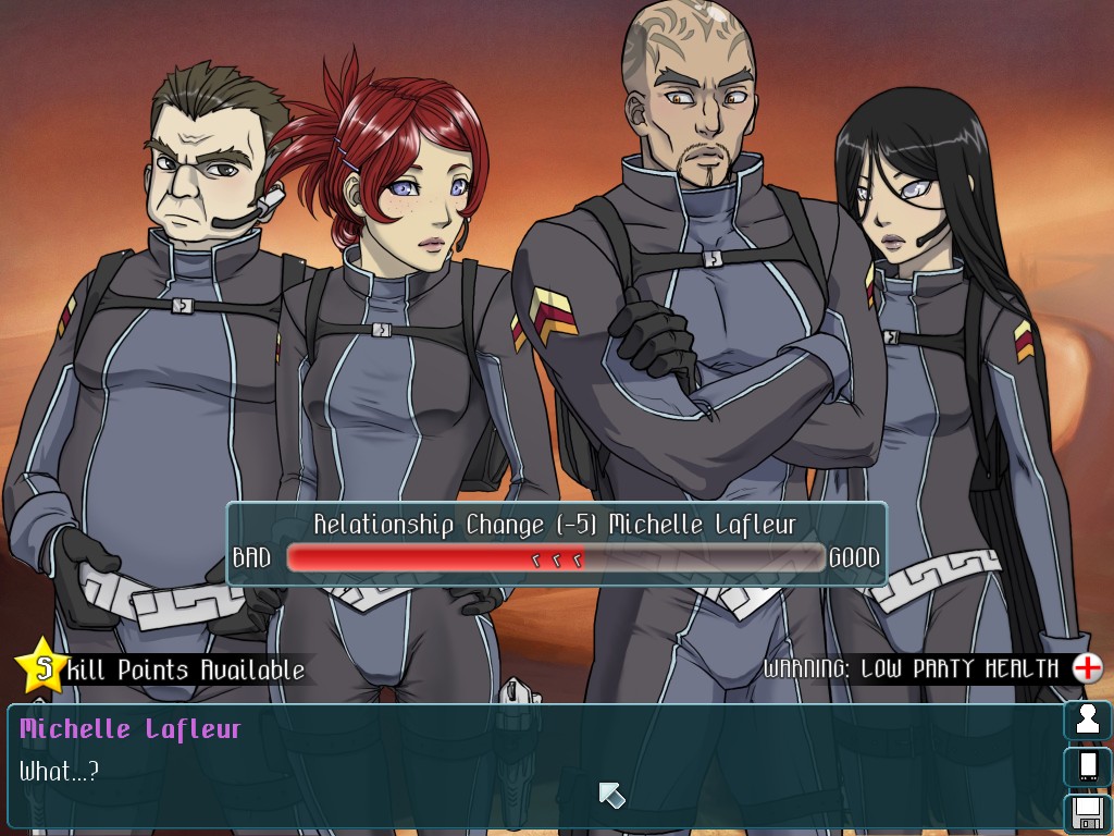 Two masculine and two feminine figures stand in front of a text overlay, which reads, 'Michelle Lafleur: What...?' The game interface reads 'Relationship change minus five Michelle Lafleur.