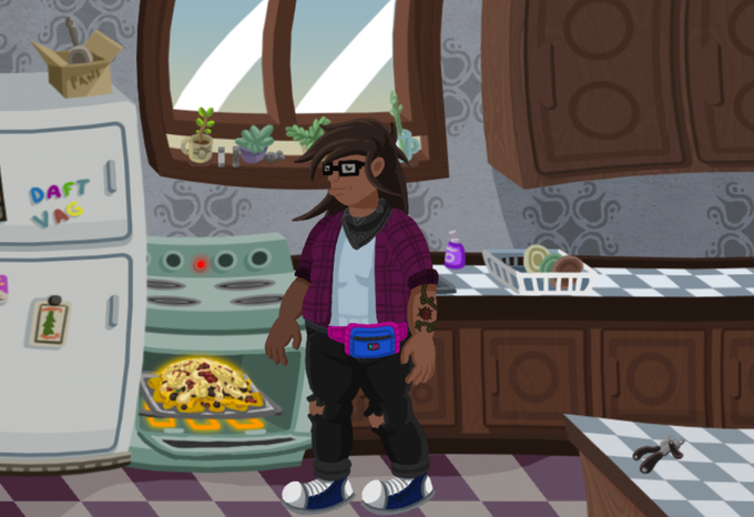 A gender ambiguous character stands in a kitchen looking at a catastrophe in the oven.