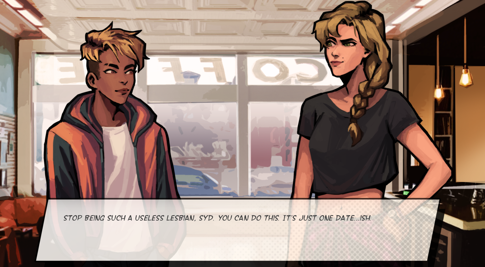 Two feminine figures looking at each other, one with long hair, one short. A dialogue box says 'stop being such a useless lesbian, Syd. You can do this. It's just one date...ish.