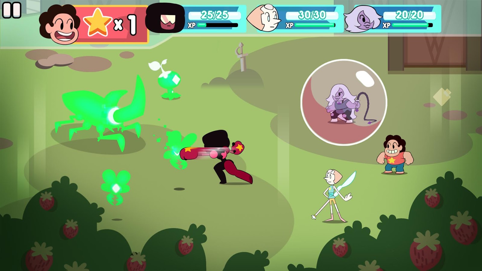 A femme looking person with large boxing gloves punching a glowing creature. Another femme looking person holding a whip stands in a bubble. A masc looking person and a femme looking person holding a sword. Several glowing creatures approach.