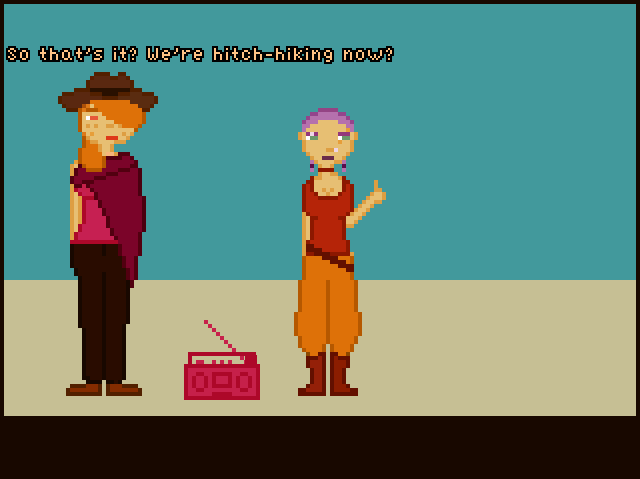 Two femme looking people standing next to a stereo system. Dialogue reads 'So that's it? We're hitchhiking now?'.