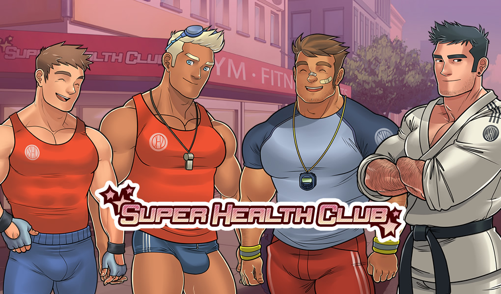 Four muscular masc looking people. One wearing a martial arts uniform, the others wearing gym clothes. Standing outside a gym.