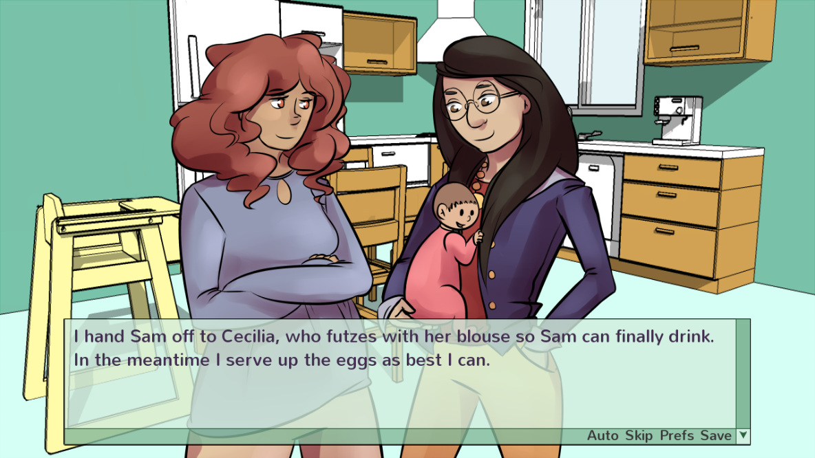 Two femme looking people standing in a home kitchen, one is holding a baby. Dialogue reads 'I hand Sam off to Cecilia, who futzes with her blouse so Sam can finally drink. In the meantime I serve up the eggs as best I can.'.