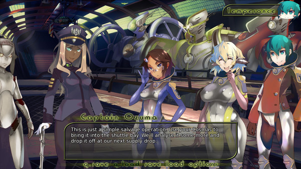 Two femme looking people with unrealistic breasts wearing spacesuits, with another femme looking person wearing an armoured spacesuit, with another femme looking person wearing a uniform. Dialogue reads 'This is just a simple salvage operation. Use your Cosmas to bring it into the shuttle bay. We'll analyse it some more and drop it off at our next supply drop.'.
