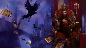 A masculine figure sits on a throne surrounded by cards and a raven.