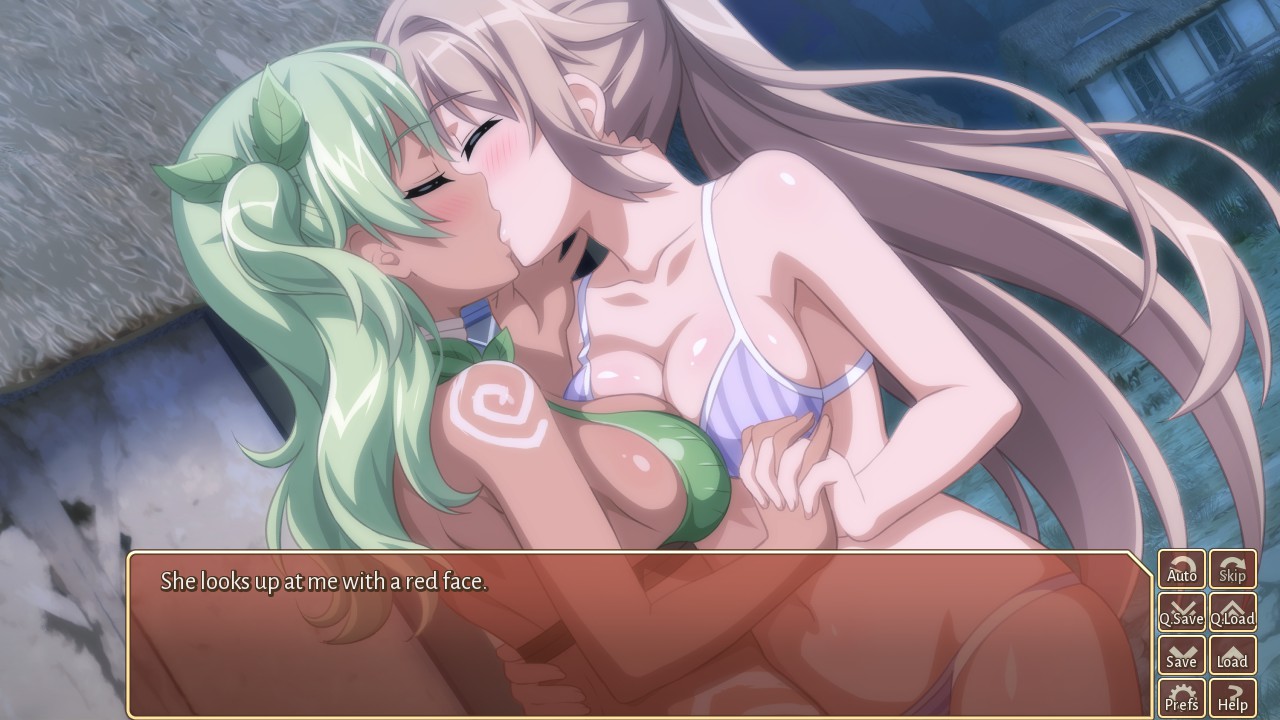 Two feminine figures in bikinis, one with green hair and one with pink hair, are kissing and holding hands.