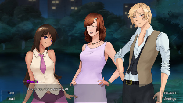 Two feminine characters and one masculine character are standing outside at night, with a dialogue box overlay saying 'Claudia: Thank you for returning it!'