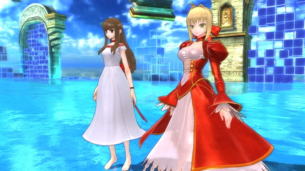 Two feminine figures dressed in ballgowns stand together in a fantastical scene.