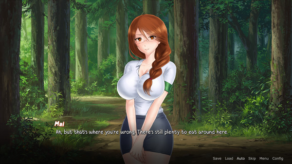 A feminine character with oversized breasts stands in a forest with a dialogue box overlay saying, 'Mai: Ah, but that's where you're wrong. There's still plenty to eat around here.'