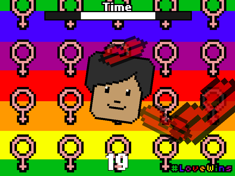 A gender ambiguous face with multiple Venus symbols in the background, and pairs of lips over the screen. Text reads 'Time' and '19' and 'Hashtag love wins'.