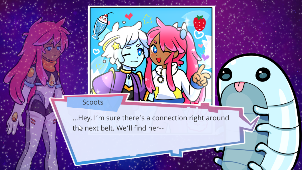 A photo shows two feminine characters. A dialogue box below it is attached to a cartoon bug. It is called 'Scoots' and is saying 'Hey, I'm sure there's a connection right around the next belt. We'll find her--'
