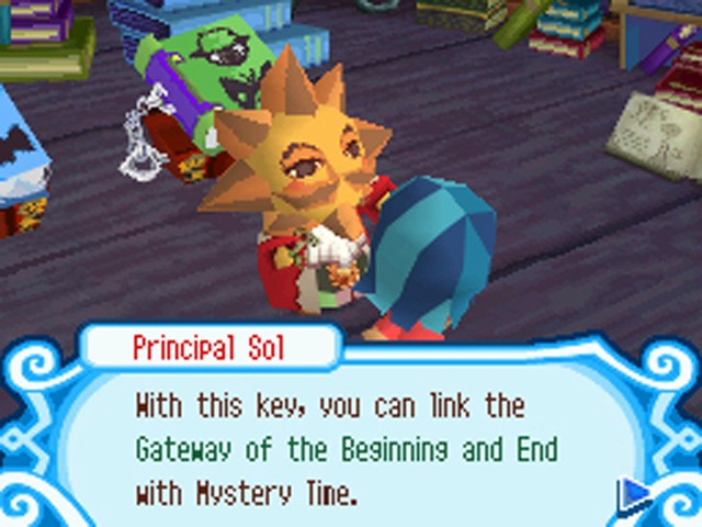A humanoid creature with a star-shaped head. Dialogue reads 'With this key, you can link the Gateway of the Beginning and End of Mystery Time'