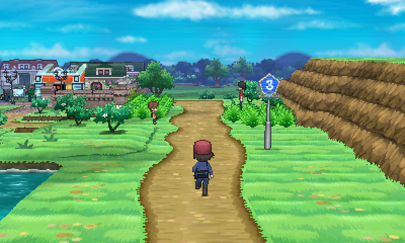 A gender ambiguous figure runs down a path, approaching a number of trees and buildings.