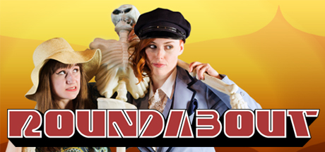 Two femme looking people holding a skeleton. Game title screen.