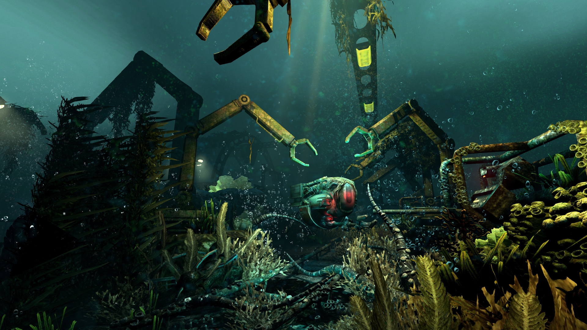 Several mechanical looking arms underwater among some coral and plants. A mechanic like suit with a small hand attached floats beneath.