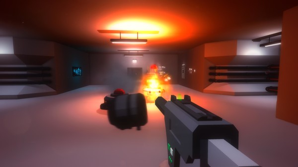 A futuristic-looking room where a gun is destroying a machine.