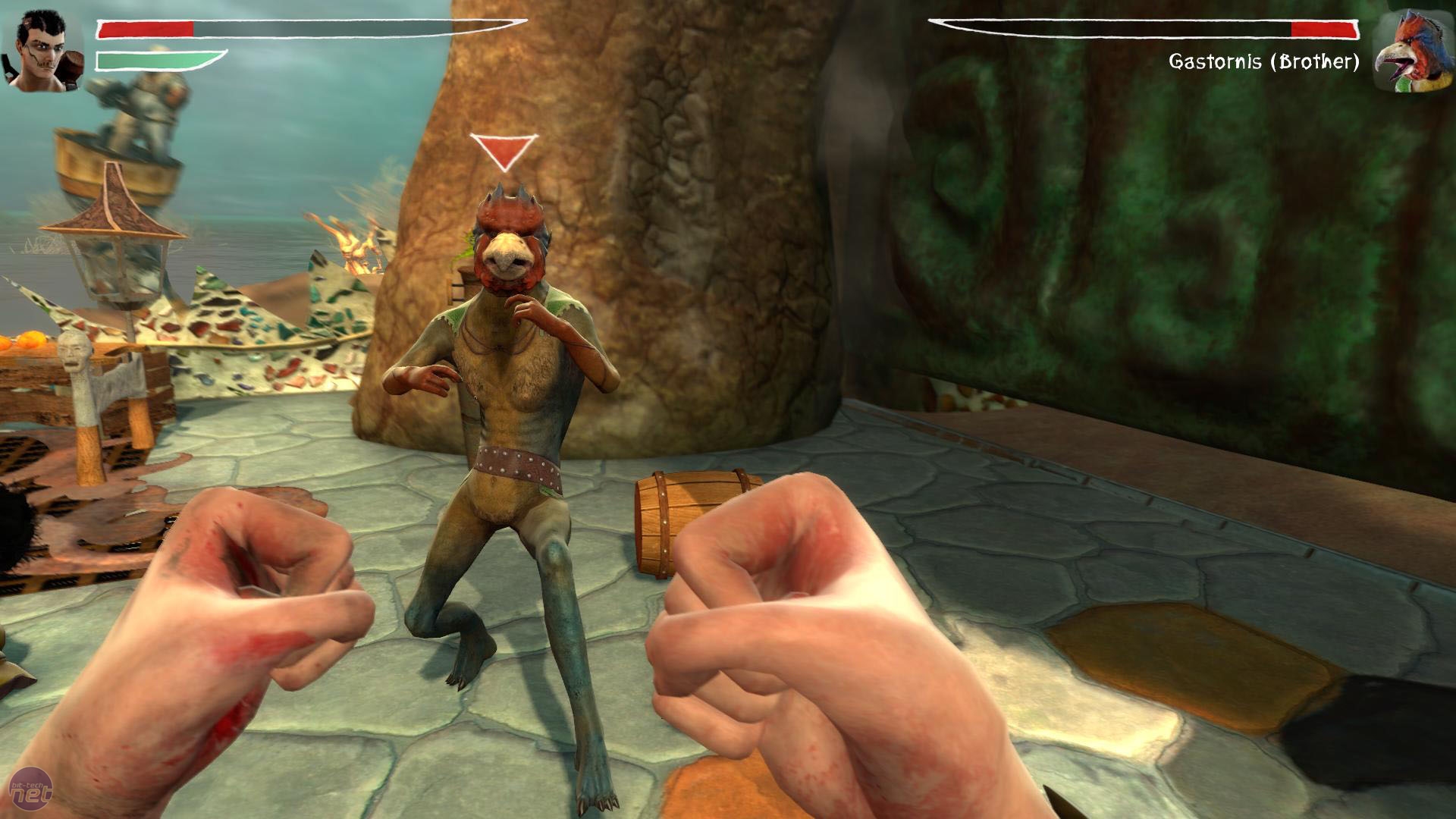 Two human fists are in the foreground, poised ready to attack. A reptilian figure, also ready to attack, is behind them facing the camera.