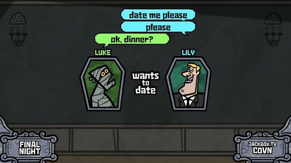 A masc looking person and a humanoid wrapped in bandages shown from the neck up. Dialogue reads 'Date me please' and 'please' and 'Ok, dinner' and 'Luke wants to date Lily'.